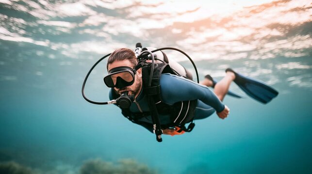 Scuba diver exploring clear blue ocean water, enjoying underwater adventure and freedom in tropical sea