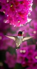 Naklejka premium A hummingbird hovers near vibrant pink bougainvillea flowers, showcasing nature's delicate beauty and aerial agility.