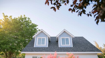 Fototapeta premium Suburban house roof with two light blue dormer windows, natural light illuminating modern residential architecture
