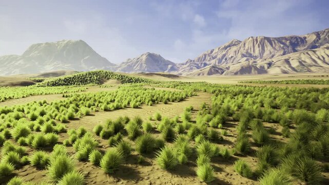 expansive shrubland and mountain vista, guided hike potential with sweeping views and accessible trails through regenerating terrain, bright clear sky