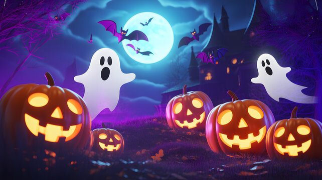 Spooky halloween scene with glowing jack o lanterns and ghosts under a full moon isolated on a transparent background