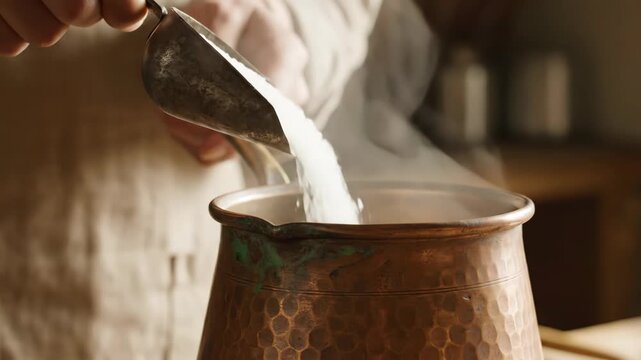 Pouring white sugar into a steaming copper pot in a kitchen
