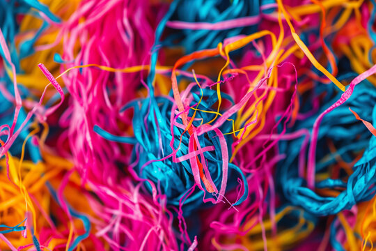 Macro of tangled molten colored plastic threads texture background