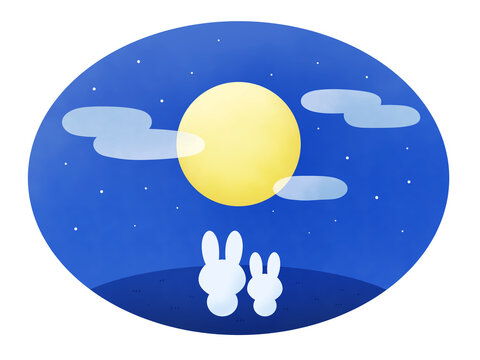 満月と星とうさぎのお月見イラスト