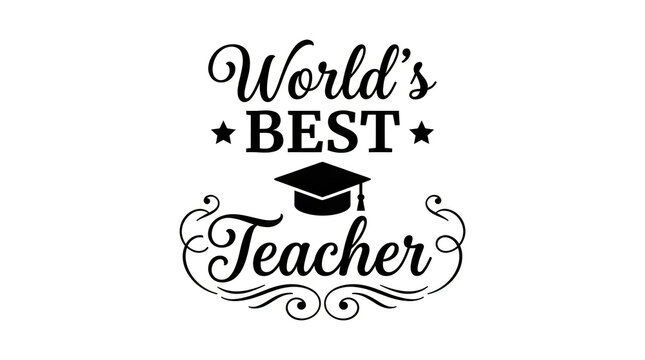 Worlds best teacher a beautiful calligraphy design featuring a graduation cap and elegant flourish elements