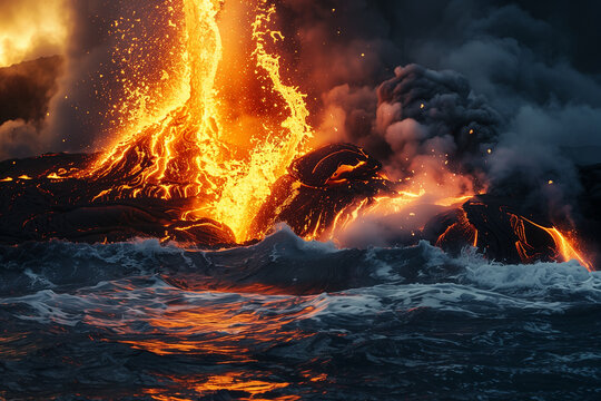 Molten lava flowing into ocean water creating steam background