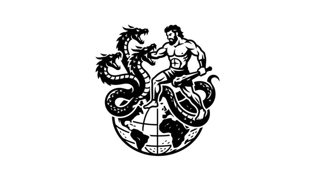 Warrior fighting a multi-headed hydra on globe.