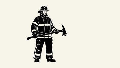 Obraz premium Black and white stencil illustration of brave firefighter in full protective gear holding rescue axe on light background.