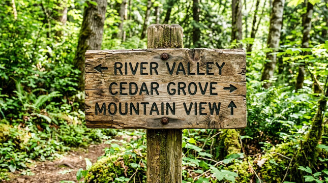 Wooden trail sign in forest: River Valley, Cedar Grove, Mountain View