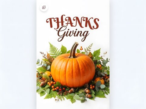 Festive thanksgiving greeting card with a vibrant pumpkin and autumnal foliage