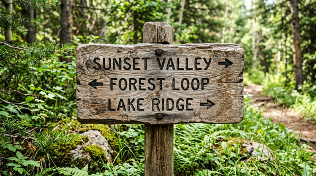 Wooden Trail Sign in Forest: Sunset Valley, Forest Loop, Lake Ridge