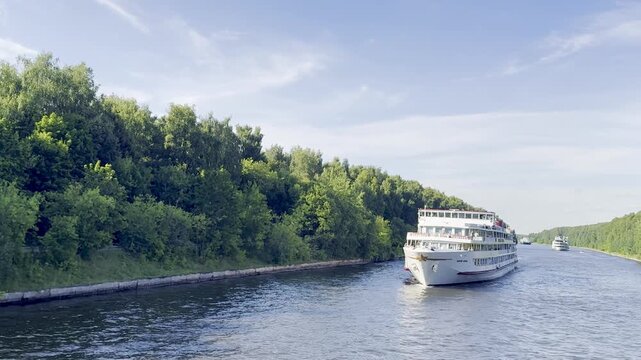 Volga River, Volga-Don Canal, Russia, August 7, 2026, passenger cruise ships sailing one after another along the Volga-Don Canal.
