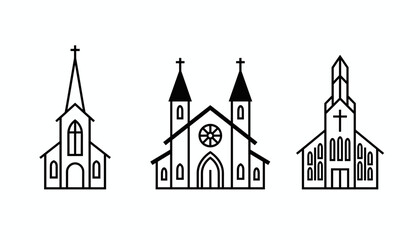 Fototapeta premium Collection of three different minimalist church building line icons with crosses on towers on white background.