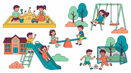 Naklejka premium Happy children playing in a school playground vector showing sandcastle building, swing riding and soccer playing, representing childhood happiness and active outdoor recreation