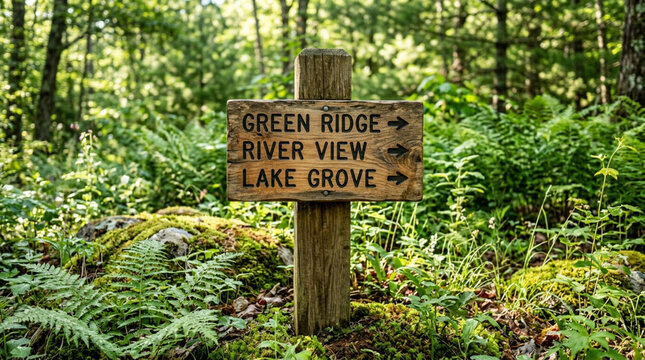 Wooden Trail Sign in Lush Forest Pointing to Green Ridge, River View, Lake Grove