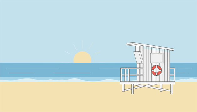 Serene beach landscape with a white wooden lifeguard tower on the sand during a beautiful ocean sunrise.