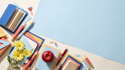 Fototapeta premium Vibrant Back to School Stationery Flat Lay with Copy Space