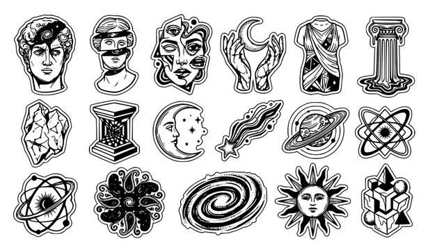 Set of surreal celestial and classical art stickers featuring statues planets moons and abstract geometric shapes