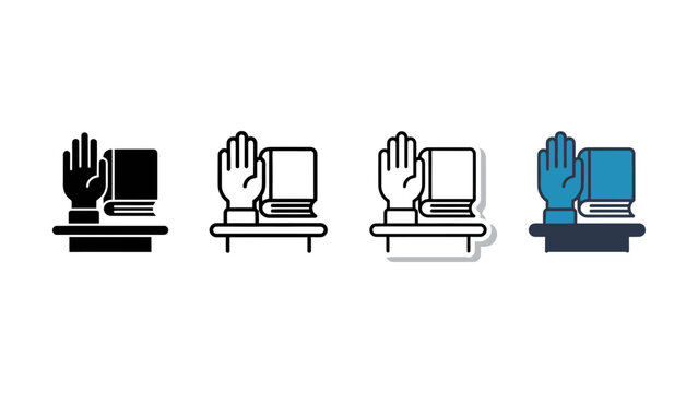 Hand swearing oath on book icon for legal and justice concepts