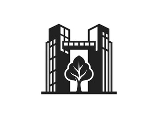 Obraz premium Minimalist Urban Landscape Icon Featuring Modern Skyscraper Architecture and Nature Integration for Sustainable City Development Design