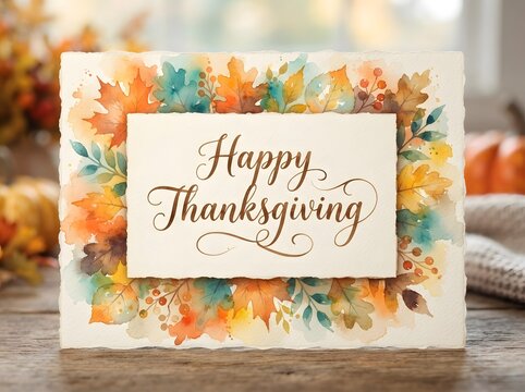 Festive thanksgiving card with colorful autumn leaves and elegant calligraphy