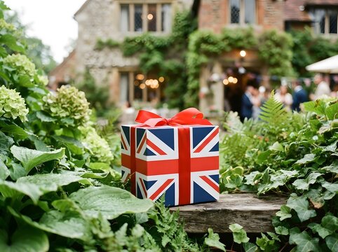 Gift wrapped in a union jack ribbon sits outside a charming english country home