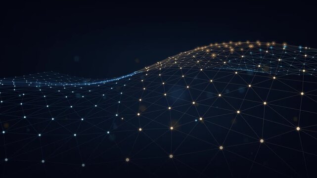 Abstract futuristic digital landscape background. Glowing blue and gold plexus wave moving gracefully in a dark cyberspace loop.