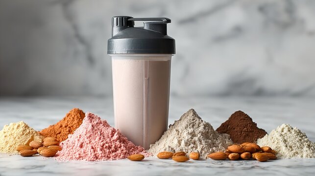 Premium protein blend shaker bottle with powdered supplements and nuts arranged for fitness enthusiasts and meal prep inspiration