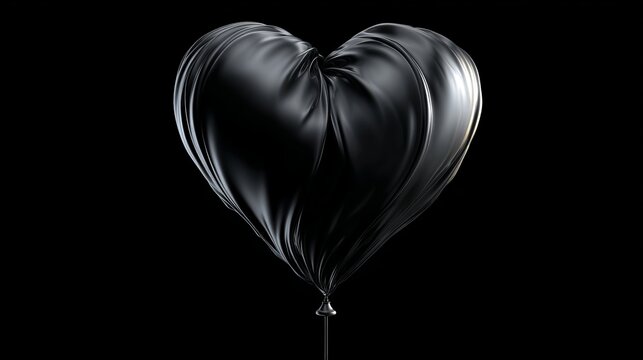 Elegant black silk heart balloon floating gracefully against a deep dark background created with smooth fabric texture and soft lighting