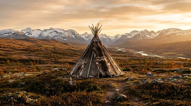 Traditional Sami Lavvu Tent in Arctic Landscape at Sunset