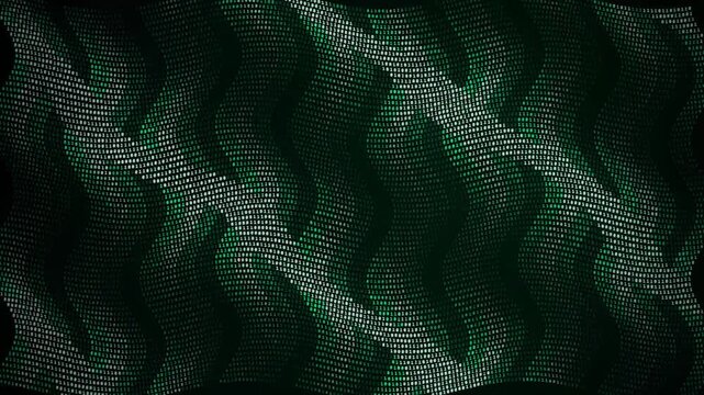 Binary code characters flowing in undulating waves across a dark digital background