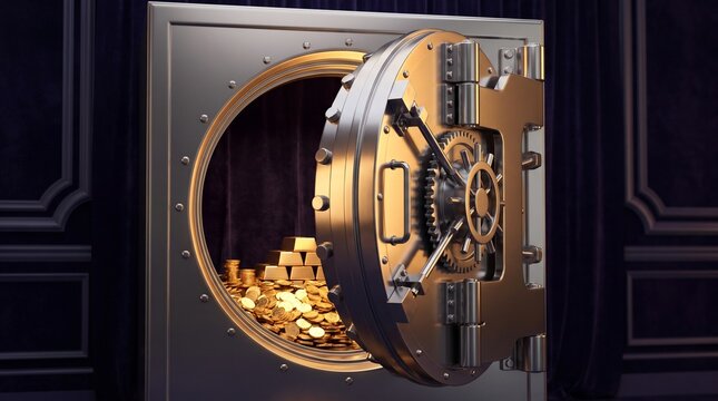 Open Bank Vault Door Revealing Glowing Gold Coins Inside