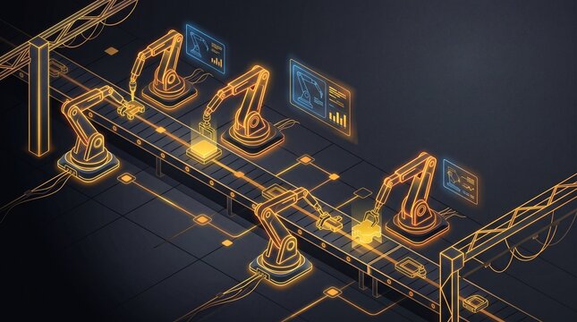 Futuristic Dark Robotics and Industrial Automation Background with Glowing Amber Robotic Arms and Copy Space
