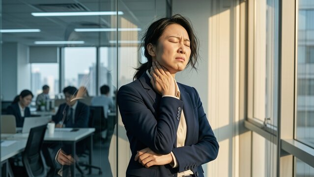 Business - Stressed Asian businesswoman having neck pain in office