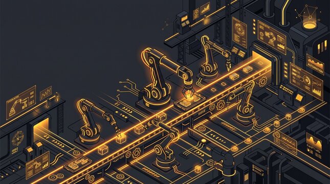 Futuristic Dark Robotics and Industrial Automation Background with Glowing Amber Robotic Arms and Copy Space