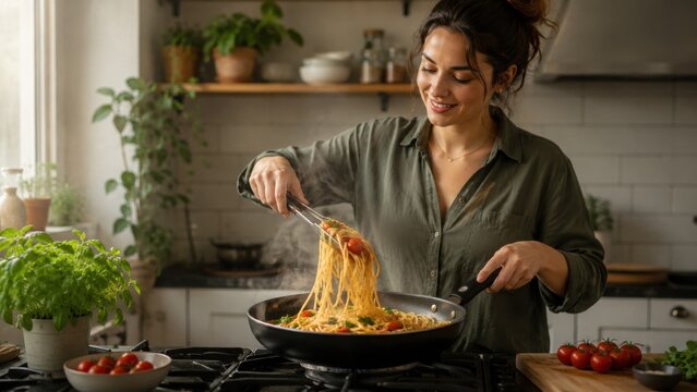 Woman cooking pasta in a black frying pan, holding tomatoes with tongs, surrounded by fresh herbs and plants in a modern kitchen setting with natural light