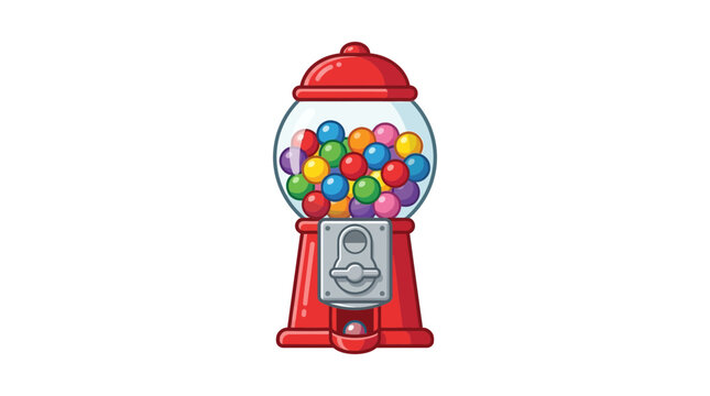 A classic red gumball machine filled with an assortment of vibrant, colorful gumballs, standing upright on a white background.