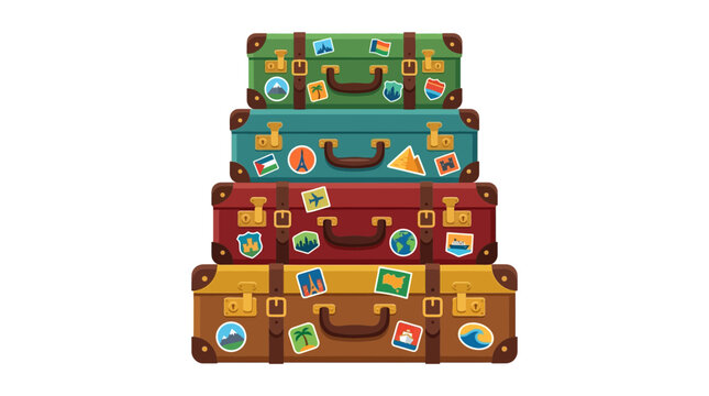 A stack of four colorful vintage suitcases adorned with various travel stickers, ready for a journey.