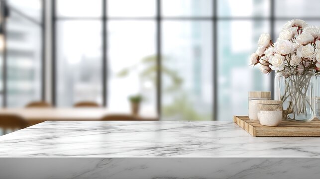 Elegant minimalist marble countertop with soft natural light, white floral arrangement, and subtle urban modern background for high-end home decor concept