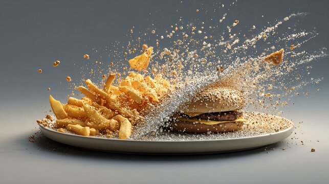 Golden crispy fries and fluffy burger exploding onto a plate with seasoned sprinkles in a vibrant, appetizing composition for food photography concept