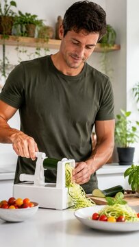Male chef using spiralizer to create zucchini noodles in modern kitchen with fresh vegetables and herbs on countertop, bright natural light illuminating the scene