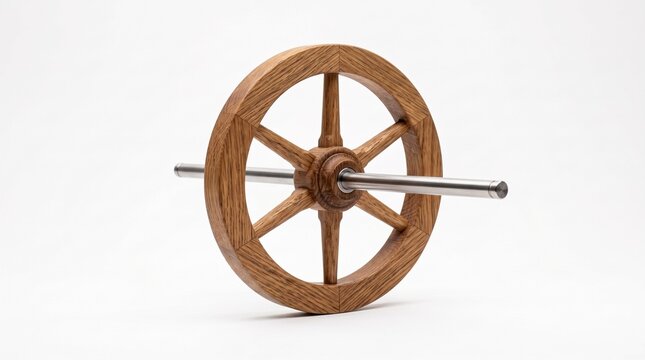 Wooden wheel mounted on a steel axle, wheel and axle simple machine physics concept