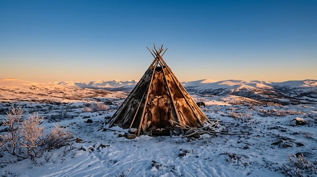 Traditional Sami Lavvu Tent in Arctic Snowy Wilderness at Sunrise