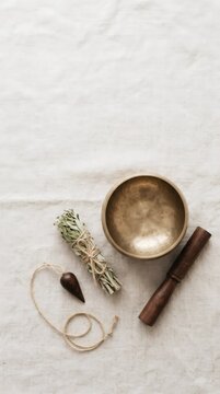 Top view of brass singing bowl, sage bundle, wooden mallet and pendulum on a neutral textured background. Spiritual wellness, meditation and sound healing concept with copy space.