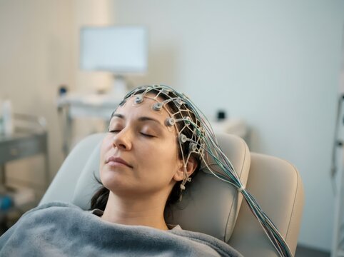 Woman undergoing electroencephalogram brain examination in a medical clinic. Neurology diagnostic procedure using electrodes and advanced healthcare technology for research and patient care.
