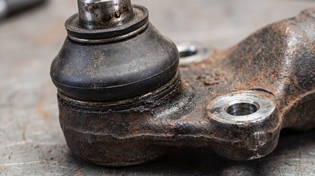 Macro close-up of a rusty automotive suspension ball joint with a rubber boot and grease