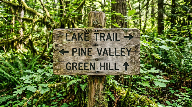 Wooden trail sign in lush green forest pointing to Lake Trail, Pine Valley, Green Hill