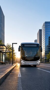 Modern city bus approaching a bus stop on a wide urban street, surrounded by tall glass buildings and trees under a clear blue sky at sunset