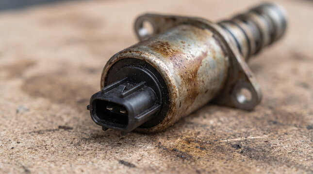 Macro close-up of a used, oil-stained automotive variable valve timing VVT solenoid with electrical connector resting on a dirty wooden workbench