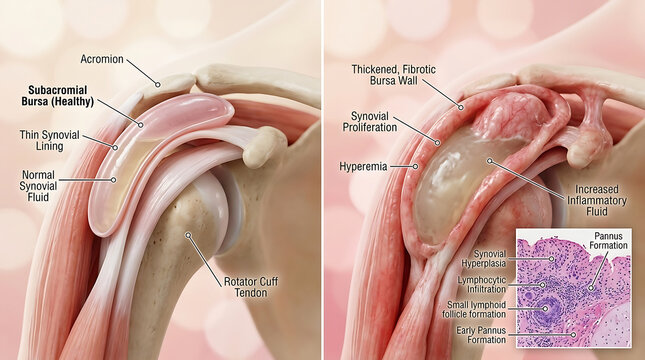 Healthy Bursa Versus Bursitis Synovial Proliferation and Effusion